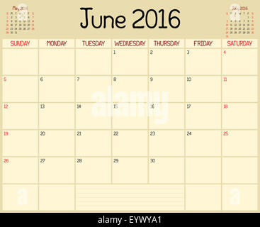 Ein Planer Monatskalender für Juni 2016. Eine benutzerdefinierte Formatvorlage handschriftliche dient. Stockfoto