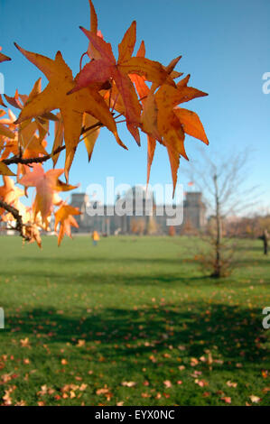 NOVEMBER 2005 - BERLIN: bunte herbstliche Atmosphäre in Berlin, im Hintergrund das Reichstagsgebäude. Stockfoto