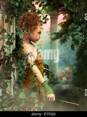 3D Computergrafik von einem niedlichen Märchen mit einem Zauberstab in der hand Stockfoto