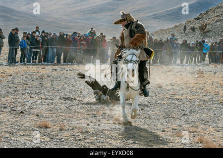 Kasachische eagle Hunter Abschleppen Fuchs Haut Köder für seine Golden Eagle, Eagle Festival, Ölgii, westliche Mongolei Stockfoto