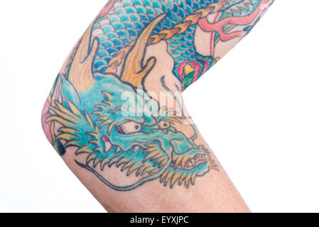 Eine detaillierte Aufnahme eines blau/grünen Drachen tattoo im japanischen Stil auf den Unterarm, Ellenbogen und Bizeps eines weißen Mannes isoliert auf einem wh Stockfoto