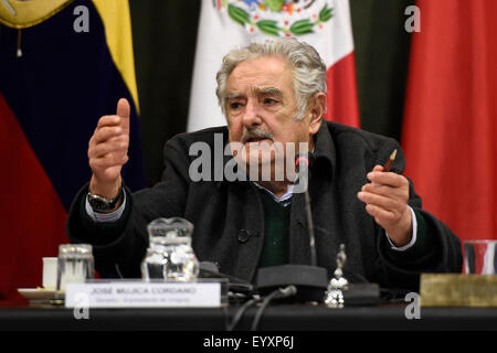 Montevideo, Uruguay. 4. August 2015. Senator und ehemaliger Präsident von Uruguay Jose Mujica hält eine Rede auf der Konferenz "die Integration Perspektiven betrachtet aus Brasilien und Uruguay", in den Sitz des lateinamerikanischen Integration Association (ALADI), in Montevideo, der Hauptstadt von Uruguay, am 4. August 2015. Bildnachweis: Nicolas Celaya/Xinhua/Alamy Live-Nachrichten Stockfoto