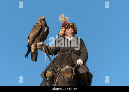 Ältere Eagle Hunter Verstrebungen seine schweren Adler auf eine Krücke, westlich von Ölgii, westliche Mongolei Stockfoto