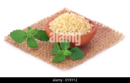 Grobe Kristalle von braunem Zucker mit Stevia Blätter über weißem Hintergrund Stockfoto