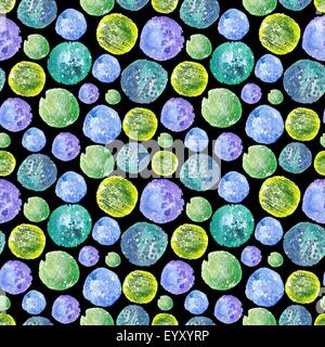 Abstrakte nahtlose geometrische handbemalte Textur mit lustigen Runde Formen auf schwarzem Hintergrund Stockfoto
