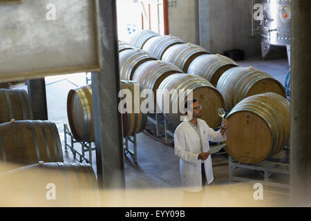 Winzer in Laborkittel Prüfung Wein im Weingut Keller Stockfoto