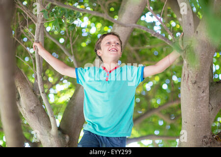 Niedrigen Winkel Ansicht des kaukasischen jungen Kletterbaum Stockfoto