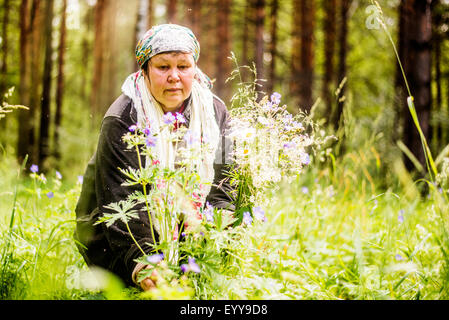 Kaukasische Frau Wildblumen im Wald sammeln Stockfoto