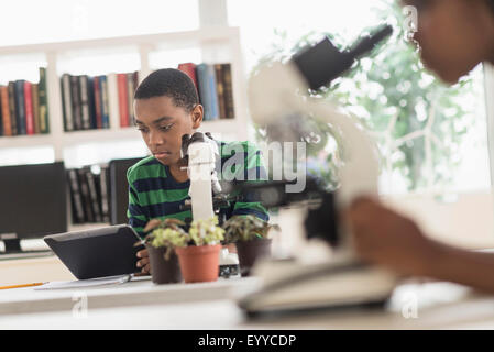 Schwarze Schüler Mikroskopie im Science-lab Stockfoto