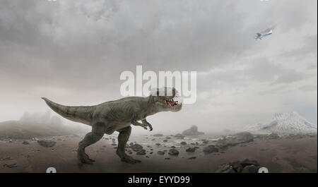 Flugzeug fliegen über Dinosaurier auf felsigen Gebiet Stockfoto