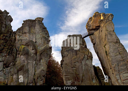 Externsteine, Säulen aus Sandstein mit Brücke, Teutoburger Wald, Deutschland, Nordrhein-Westfalen, Ostwestfalen, Horn-Bad Meinberg Stockfoto