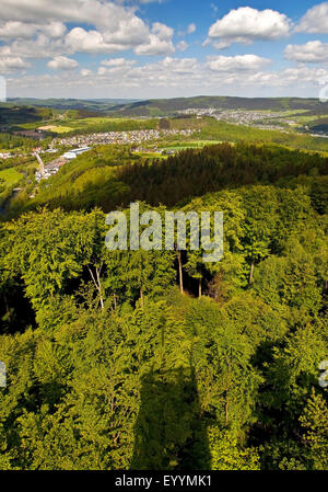 Blick vom Kueppel Turm Arnsberger Wald und Freienohl, Deutschland, Nordrhein-Westfalen, Sauerland, Meschede Stockfoto