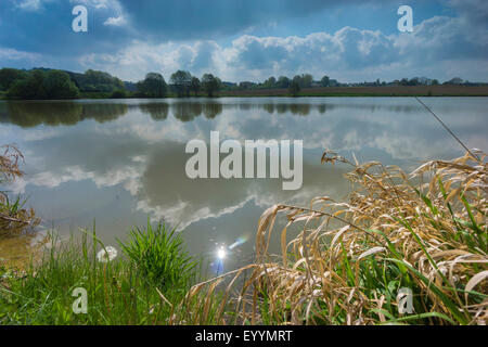 Wolken spiegeln sich im See, Jocketa, Vogtland, Sachsen, Deutschland Stockfoto