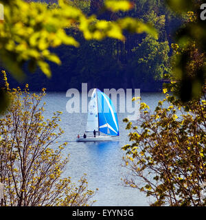 Segelboot auf Moehne Reservoir, Deutschland, Nordrhein-Westfalen, Sauerland, Moehnesee Stockfoto