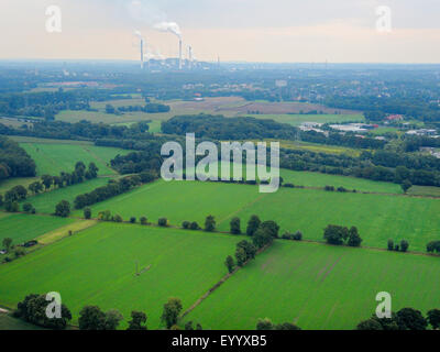 Luftaufnahme Feld Landschaft, Kraftwerk Scholven im Hintergrund, Bottrop, Ruhrgebiet, Nordrhein-Westfalen, Deutschland Stockfoto