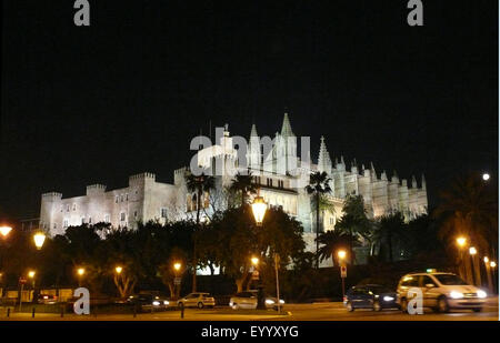 beleuchtete Almudaina-Palast und Palma Kathedrale La Seu in der Nacht, Spanien, Balearen, Mallorca Stockfoto