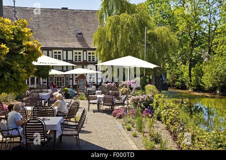 Menschen im Gartencafé am Fluss Lenne Bezirk Saalhausen, Deutschland, Nordrhein-Westfalen, Sauerland, Lennestadt Stockfoto