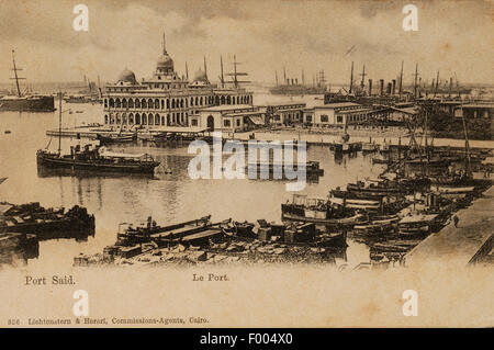 Port Said, Ägypten - 1900 s - eine Postkarte von der Suez-Kanal-Stadt an der Mündung des Suez-Kanals am Mittelmeer, ein Blick auf den Hafen.   COPYRIGHT FOTOSAMMLUNG VON BARRY IVERSON Stockfoto