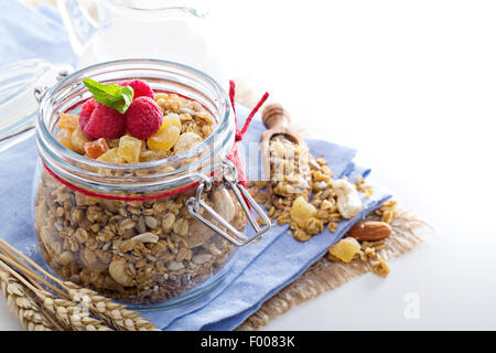 Hausgemachtem Müsli im Weckglas mit Früchten und Hafer Stockfoto