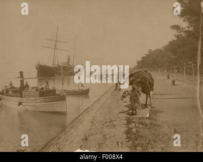 Suez, Ägypten - 1880 s - Quai de Templain ein Suez.  Ein Blick auf den Kai von Suez.  Beachten Sie den Schnitt und paste Kamel mit Besitzer am Kai. Stockfoto