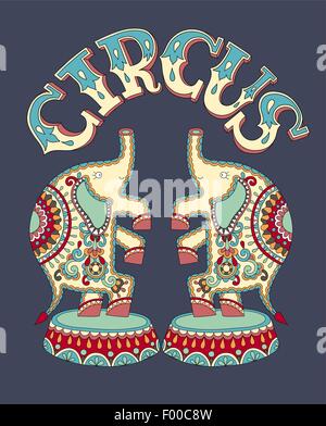 Plakat-Vorlage mit Inschrift Zirkus und zwei Elefanten Performance Stock Vektor