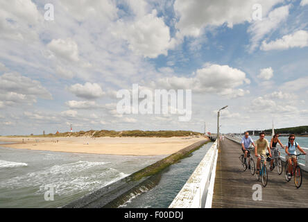 Biker auf Palisade, belgische Küste, Belgien, Nieuwpoort Stockfoto