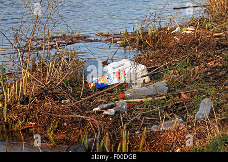 Treibgut und leeren Plastikflaschen am See, Deutschland Stockfoto