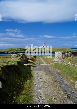 Aussehende SW, zwischen Stein Torpfosten auf dem Hauptgleis Bardsey Island, über Henllwyn bis zum C19th Leuchtturm am Südende, Gwynedd Bucht. Stockfoto