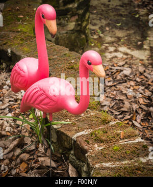 Rosa Plastik Flamingos schmücken einen Hinterhofgarten in Savannah, Georgia, USA Stockfoto