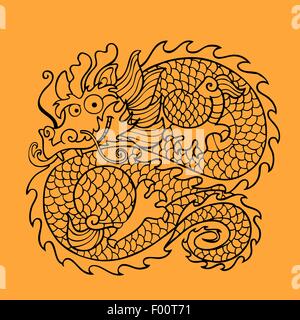 Chinesischer Drache Charakter. Strichgrafiken auf einem orangefarbenen Hintergrund Stock Vektor