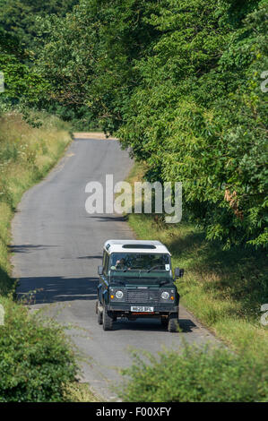 Grün Landrover Defender 110 fahren einen Baum gesäumten Feldweg in Norfolk, England Stockfoto