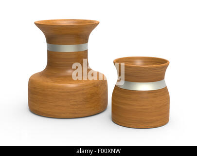 Zwei Vasen aus Holz auf weißem Hintergrund Stockfoto