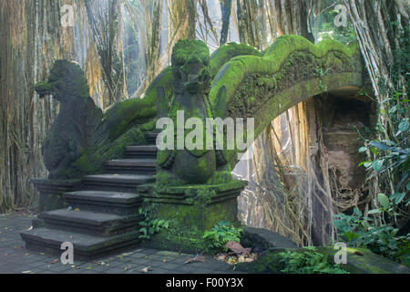 Luftwurzeln eines Banyan-Baumes Rahmen eine alte Brücke in die Heilige Affen Wald Heiligtum auf Bali. Stockfoto