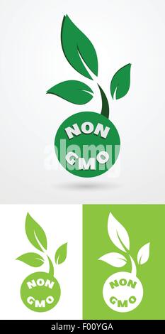 GVO-Schild mit grünen Blättern gesunde Naturkost Konzept Vecto Abbildung. Stock Vektor