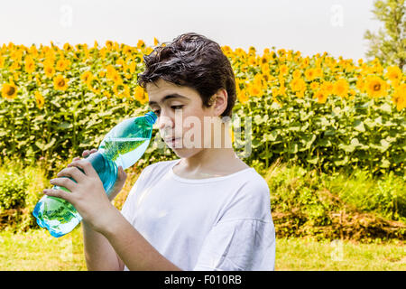 Umweltfreundliche wohnen - kaukasischen junge in einem Feld von Sonnenblumen soll klares Wasser aus einem Kunststoff Flaschengrün bläulich, an einem warmen und hellen Sommertag Durst trinken Stockfoto