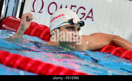 Kazan, Russland. 5. August 2015. Franziska Hentke Deutschland reagiert nach der Frauen 200 m Schmetterling Halbfinale der 16. FINA Swimming World Championships in Kasan Arena in Kasan, 5. August 2015. Foto: Martin Schutt/Dpa/Alamy Live News Stockfoto