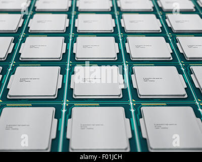 CPUs (Central Processing Units) in Folge isoliert auf weißem Hintergrund Stockfoto