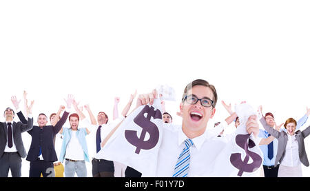 Zusammengesetztes Bild von geeky glücklich Kaufmann holding Taschen Geld Stockfoto