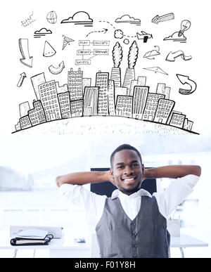 Zusammengesetztes Bild des Stadtbildes mit Brainstorm doodle Stockfoto