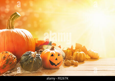 Rustikale Herbst Stillleben mit Kürbisse, einen kleinen Jack O'Lantern und goldenen Blätter auf eine Holzoberfläche. Stockfoto