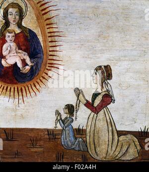 Frau mit Kind im Gebet mit Rosenkranz in der Hand, ex-Voto, Italien, 15. Jahrhundert. Stockfoto