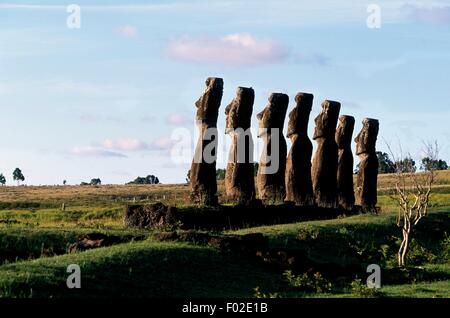 Sieben Moai (monolithische anthropomorphen Skulpturen), Ahu Akivi Ausgrabungsstätte, Rapa Nui Nationalpark (UNESCO-Welterbe, 1995), Osterinsel, Chile. Stockfoto