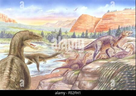 Palaeozoology - Kreidezeit - Dinosaurier - Herde von Aublysodon - Kunstwerk von Robin Carter Stockfoto