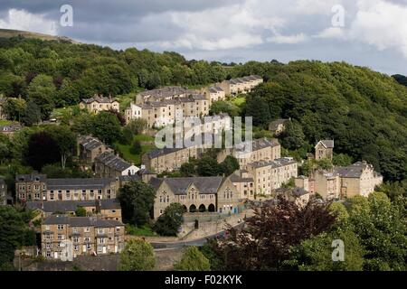 Luftaufnahme Aussicht auf dem Textil Industrie Mittelpunkt Hebden Bridge - West Yorkshire, England, Vereinigtes Königreich Stockfoto