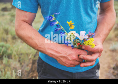 Mann auf einer Wiese mit frisch gepflückten Wildblumen, USA Stockfoto