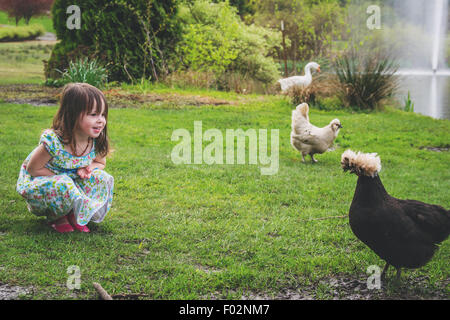 Mädchen mit zwei Hühnern und eine Gans Stockfoto