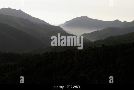 Sunrise-Landschaft gesehen von Ghisoni in Richtung Gorges de l'Inzecca, regionale Naturpark von Korsika (Parc Naturel Regional de Corse), Korsika, Frankreich. Stockfoto