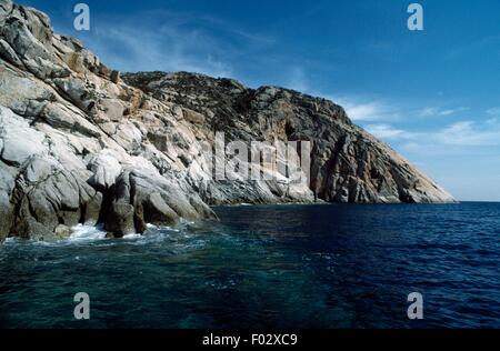 Felsenküste, Montecristo, Arcipelago Toscano Nationalpark, Toskana, Italien. Stockfoto