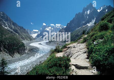 Ein Eis Zunge des Gletschers Mer de Glace, Mont-Blanc-Gruppe, Haute-Savoie, Rhône-Alpes, Frankreich. Stockfoto