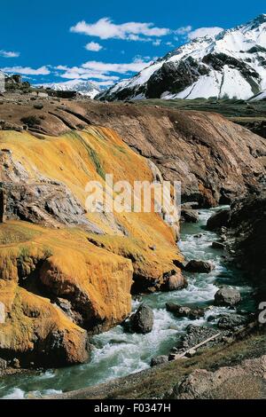 Eisenhaltige Ablagerungen und Fluss, Puente Del Inca (The Inka-Brücke), Provinz Mendoza, Argentinien. Stockfoto